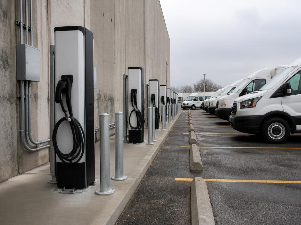 Row of Level 2 charging pedestals installed along a commercial fleet yard wall