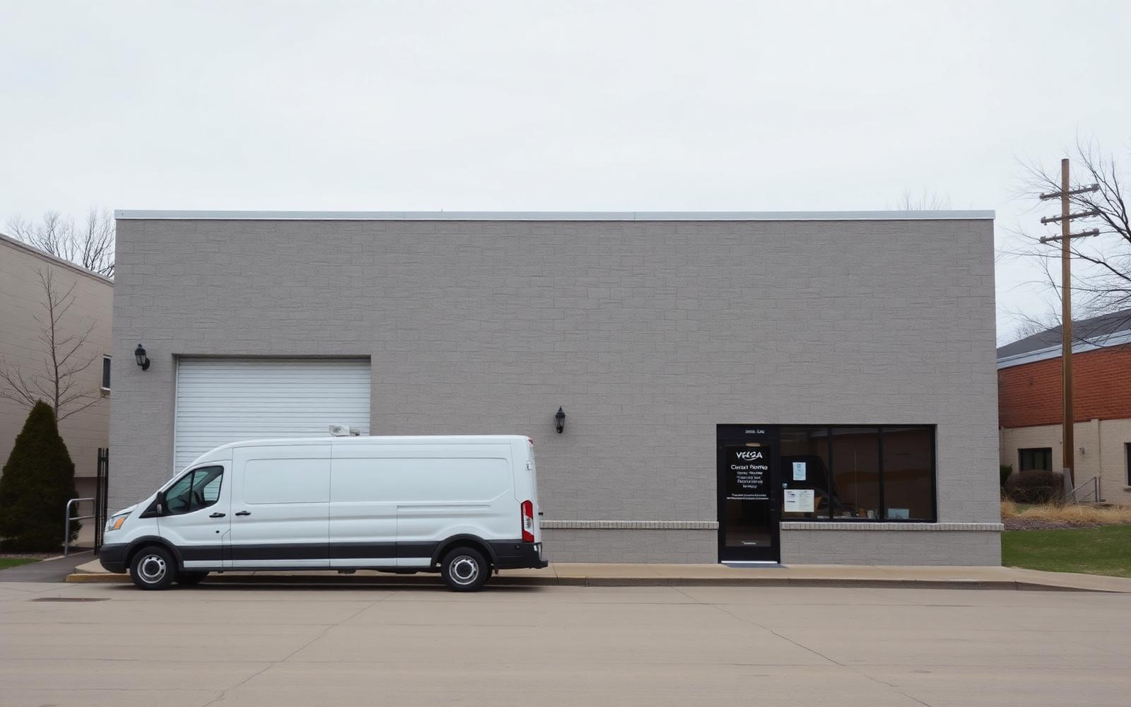 Plain commercial contractor building exterior with an unmarked work van