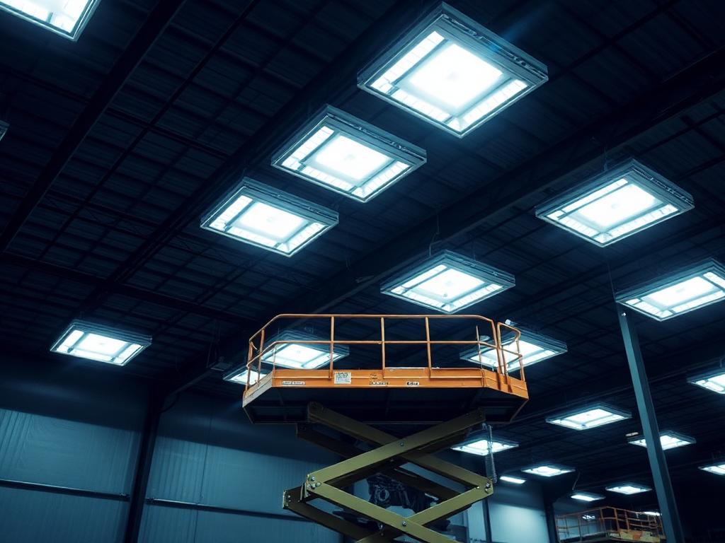 New LED high-bay fixtures energized above warehouse racking during an overnight retrofit