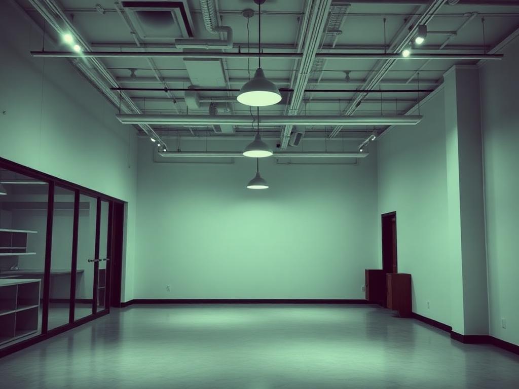 Completed retail tenant space with new pendant and track lighting energized before opening