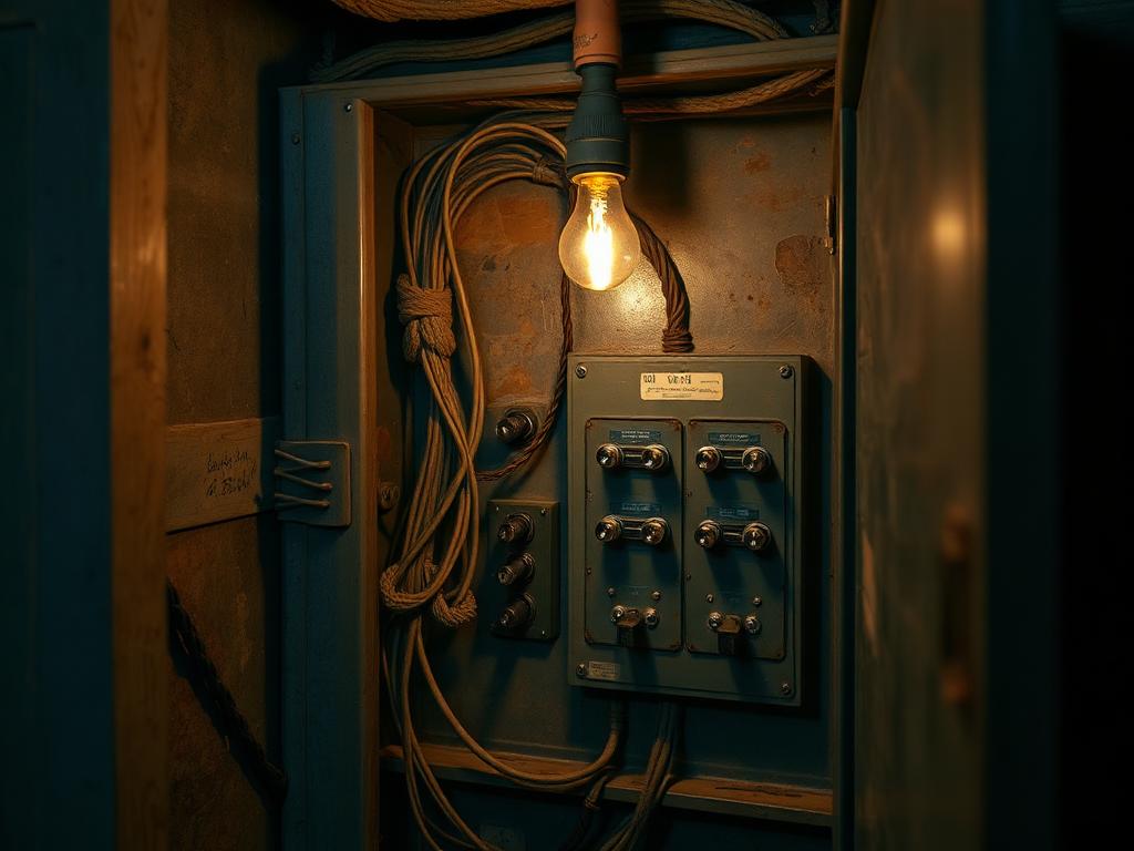 Original fused service panel with cloth-wrapped wiring