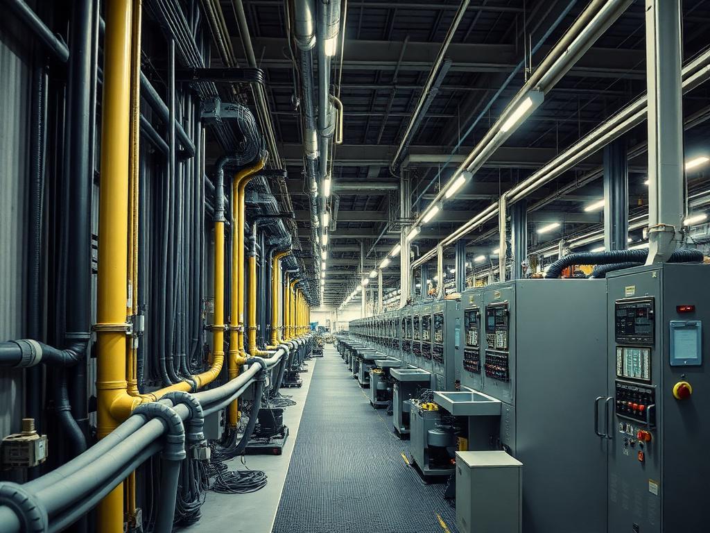 Conduit runs and control panels along a manufacturing plant production aisle