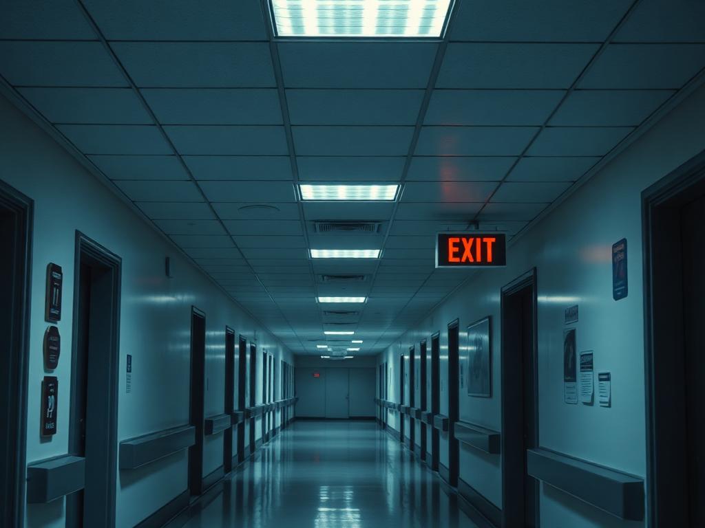 Institutional corridor with life safety emergency lighting and exit signage