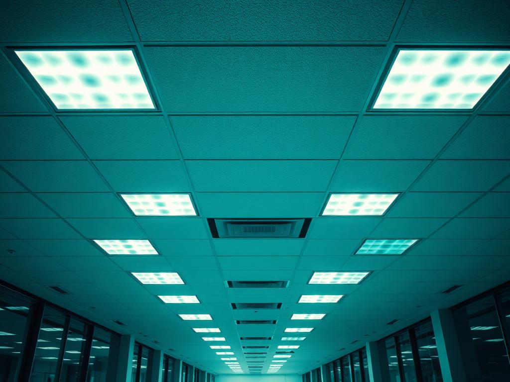 Office ceiling grid with newly installed recessed lighting fixtures