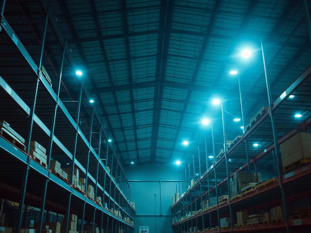 Warehouse racking aisle under energized high-bay lighting at night